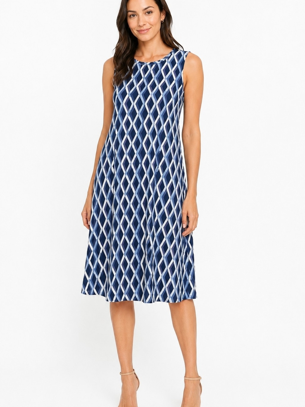 LOFT Navy & White Diamond-Print Sleeveless Midi Dress Women's Size L